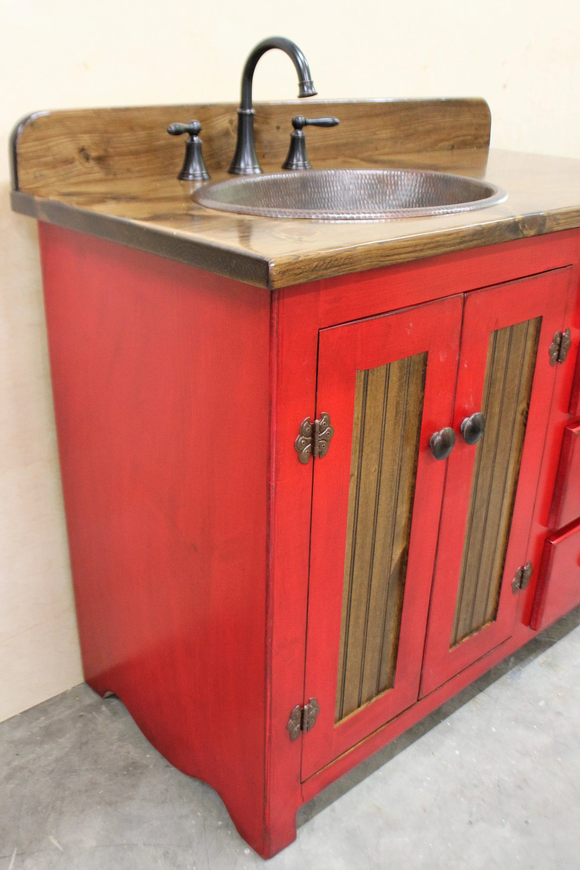 Rustic Farmhouse Vanity Copper Sink 42" Barn Red Bathroom